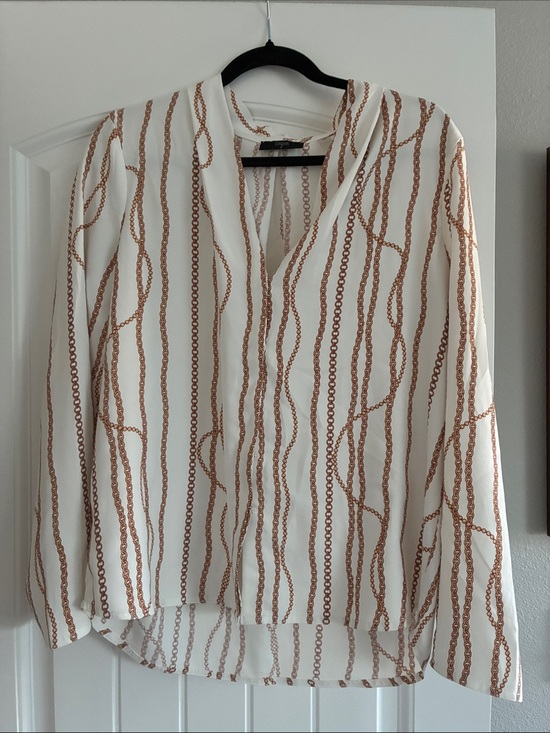 Tahari Tops - Tahari White Blouse with Brown Chain Stripe.    - C